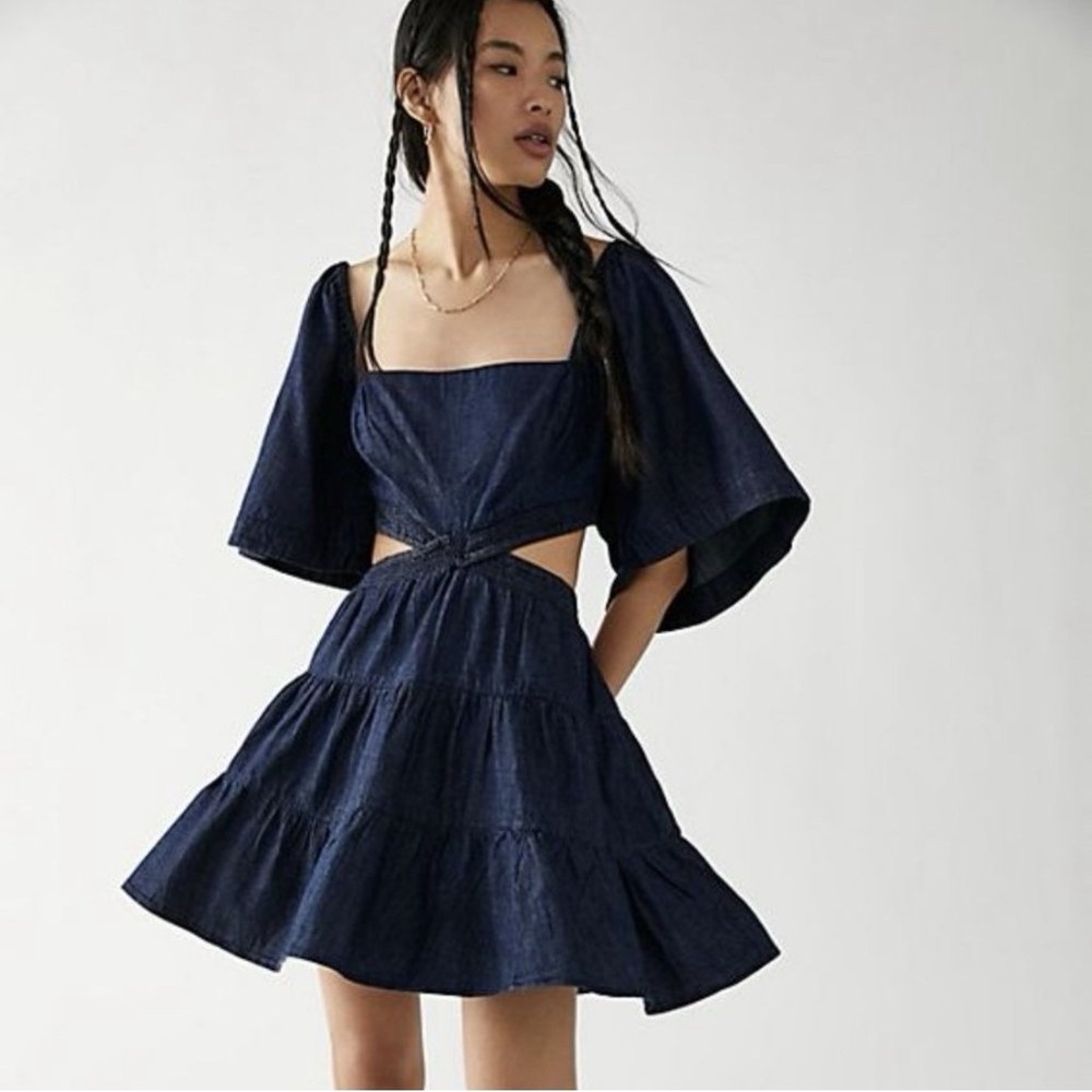Free People Cross Of Sunlight Mini Cut-out Tiered Dress Size S Blue Linen Blend